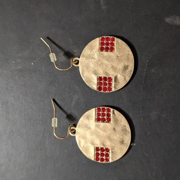 GOLD Tone Round Red Rhinestone Disc Statement Earrings - Picture 1 of 3